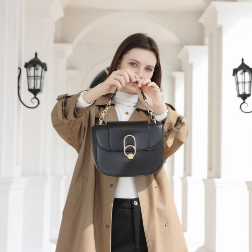Miss Lulu Stylish PU Saddle Bag with Chain-Accent Top Handle & Adjustable Strap