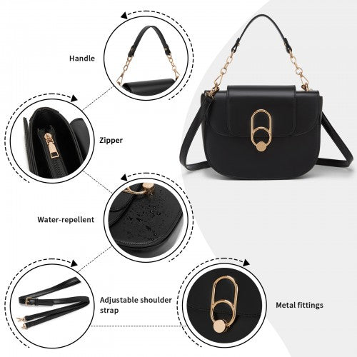 Miss Lulu Stylish PU Saddle Bag with Chain-Accent Top Handle & Adjustable Strap