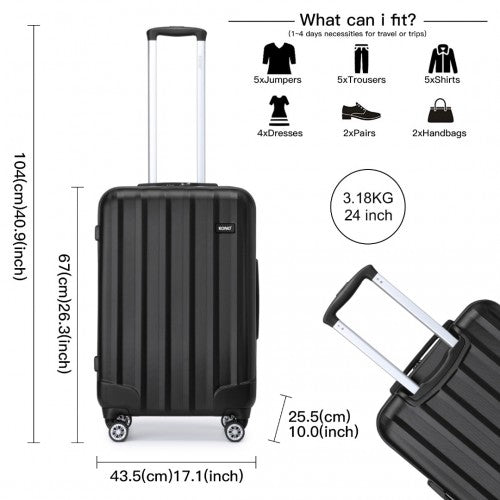 Kono 24 Inch Striped ABS Hard Shell Luggage With 360-Degree Spinner Wheels - Black