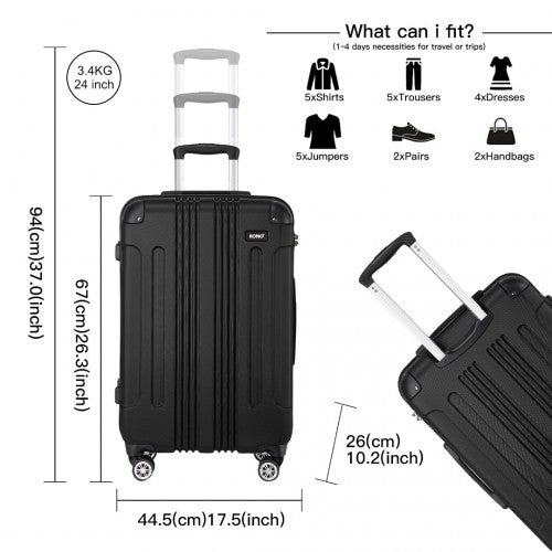 Kono 24 Inch ABS Lightweight Compact Hard Shell Travel Luggage For Extended Journeys - Black