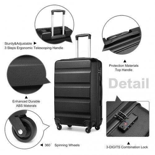 Kono 3-Piece Lightweight ABS Hardshell Suitcase Set - 19, 24, 28 Inch With Secure TSA Lock - Black