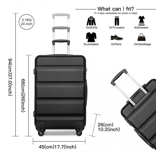 Kono 3-Piece Lightweight ABS Hardshell Suitcase Set - 19, 24, 28 Inch With Secure TSA Lock - Black