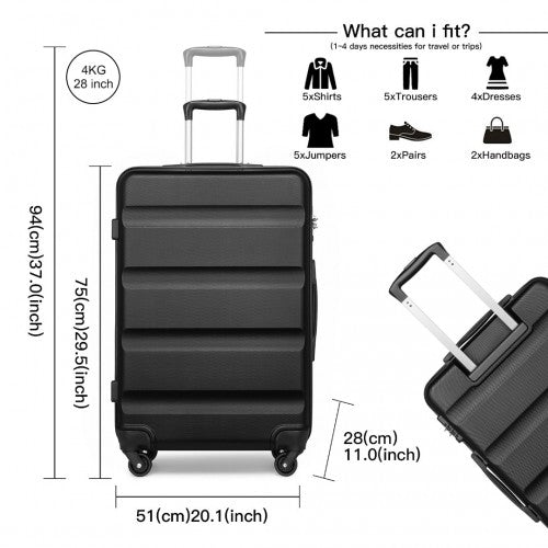 Kono 3-Piece Lightweight ABS Hardshell Suitcase Set - 19, 24, 28 Inch With Secure TSA Lock - Black