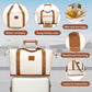 British Traveller 20 Inch Multi-Texture Polypropylene Cabin Size Suitcase 3 Piece Travel Set with Travel Tote and Cosmetic Pouch - Cream/Brown