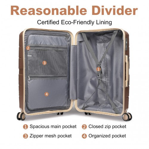 British Traveller 3 Pcs Multi-Texture Polypropylene Hard Shell Suitcase With TSA Lock - Brown/Apricot