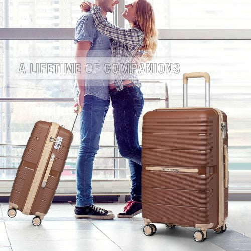 British Traveller 3 Pcs Multi-Texture Polypropylene Hard Shell Suitcase With TSA Lock - Brown/Apricot