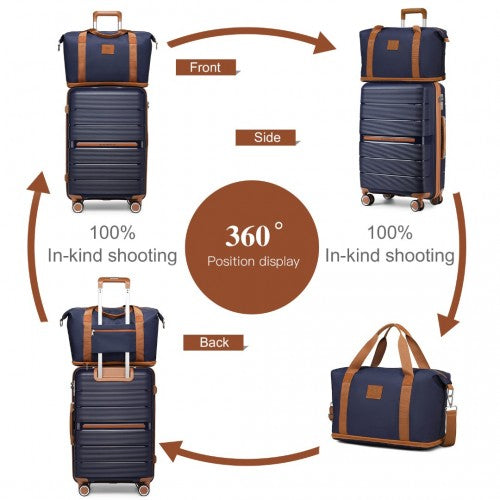 British Traveller 5 Piece Polypropylene Hard Shell Suitcase Set With Tote Bag and Cosmetic Pouch - Navy/Brown