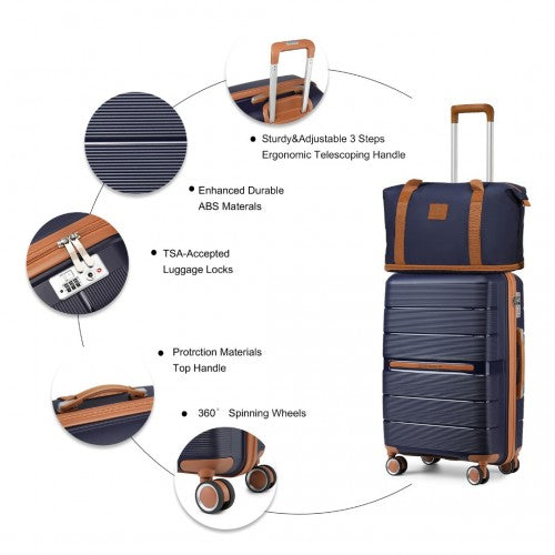 British Traveller 5 Piece Polypropylene Hard Shell Suitcase Set With Tote Bag and Cosmetic Pouch - Navy/Brown