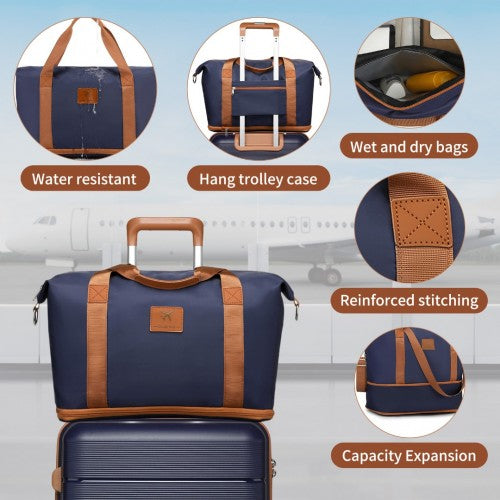 British Traveller 5 Piece Polypropylene Hard Shell Suitcase Set With Tote Bag and Cosmetic Pouch - Navy/Brown