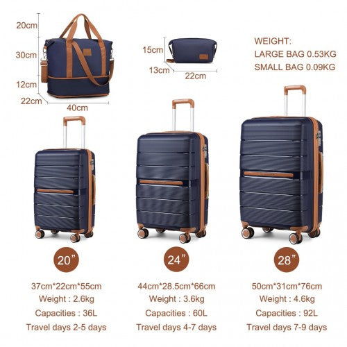 British Traveller 5 Piece Polypropylene Hard Shell Suitcase Set With Tote Bag and Cosmetic Pouch - Navy/Brown