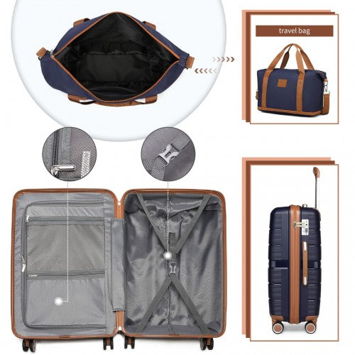 British Traveller 5 Piece Polypropylene Hard Shell Suitcase Set With Tote Bag and Cosmetic Pouch - Navy/Brown