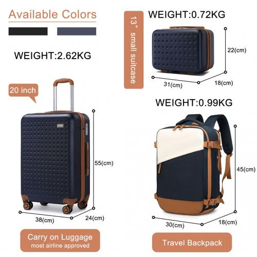 Kono Hard Shell Abs Carry-Ons Cabin Suitcase Included Vanity Case And Backpack 3 Piece Travel Set - Navy