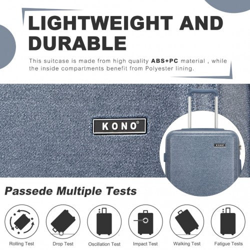 Kono 20 Inch Cabin Size Minimalist Hard Shell ABS+PC Carry-On Suitcase with TSA Lock 360 Spinner Wheels - Denim Blue