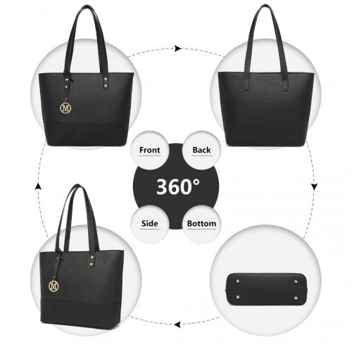 Miss Lulu 3 Piece Leather Look Tote Bag Set - Black