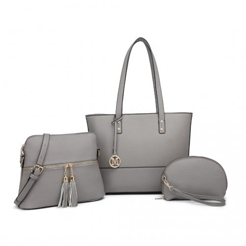 Miss Lulu 3 Piece Leather Look Tote Bag Set - Grey