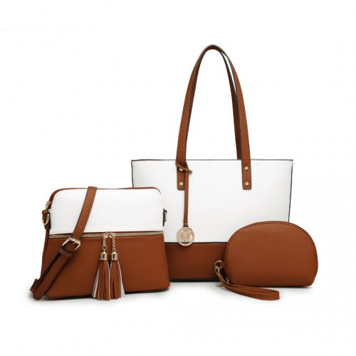 Miss Lulu 3 Piece Leather Look Tote Bag Set - Beige And Brown