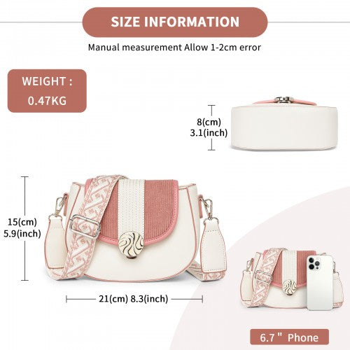 Miss Lulu Women’s PU Leather Ethnic Style Crossbody Bag with Corduroy Flap and Adjustable Strap - Pink and Beige