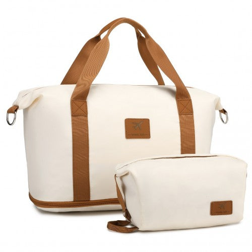 Expandable Water-Resistant Travel Tote Set With Cosmetic Pouch Versatile Carry-On Duffel Bag - Beige And Brown