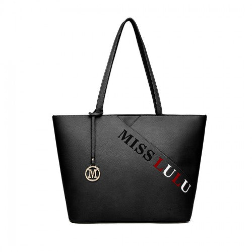 Miss Lulu Leather Look Embroidered Tote Bag - Black