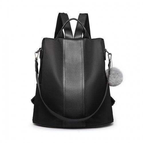 Miss Lulu Two Way Backpack Shoulder Bag With Pom Pom Pendant - Black