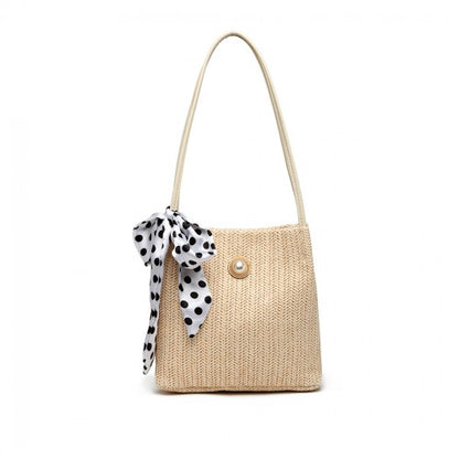 Miss Lulu Woven Straw Design Shoulder Bag With Polka Dot Scarf - Beige