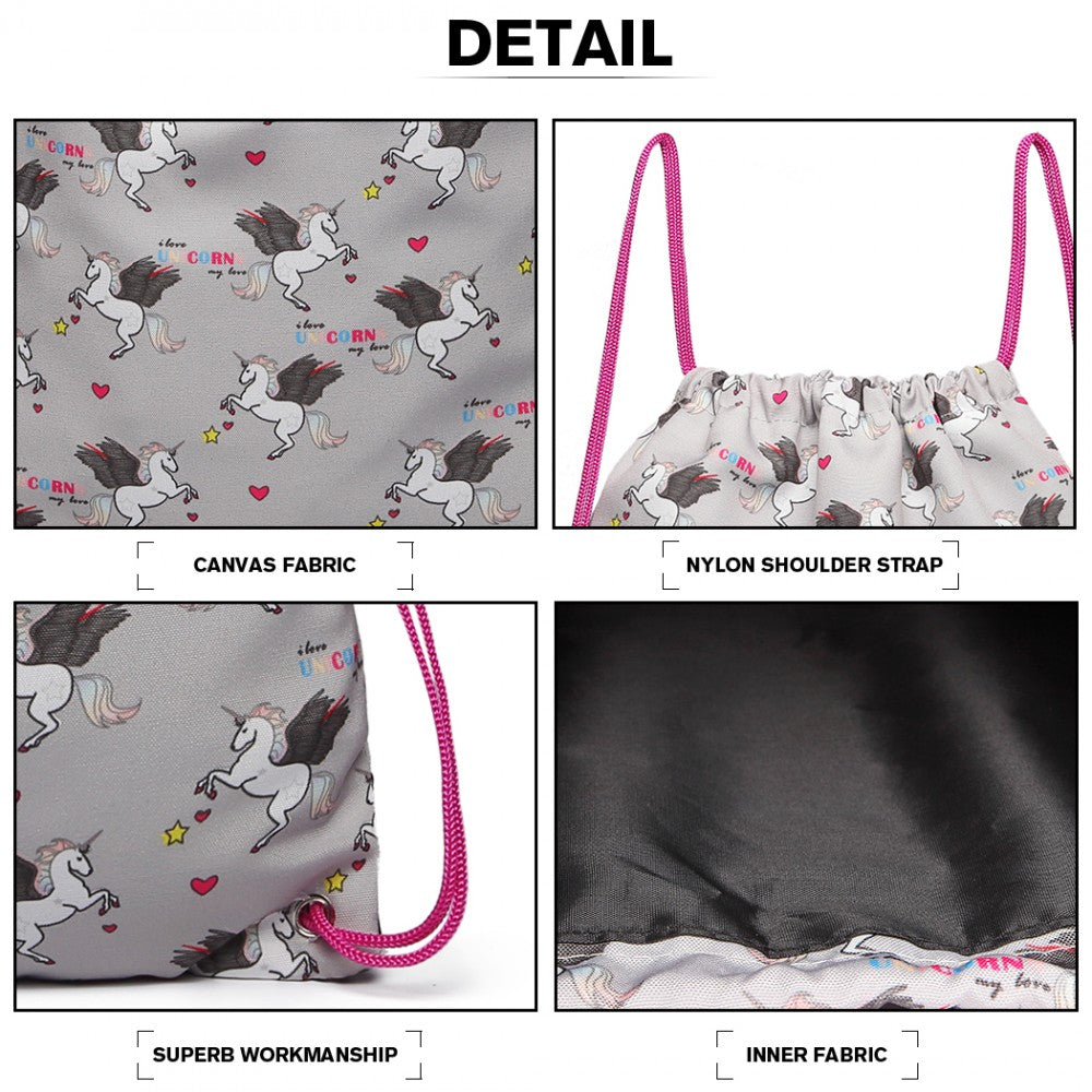 Miss Lulu Unicorn Print Drawstring Backpack - Grey