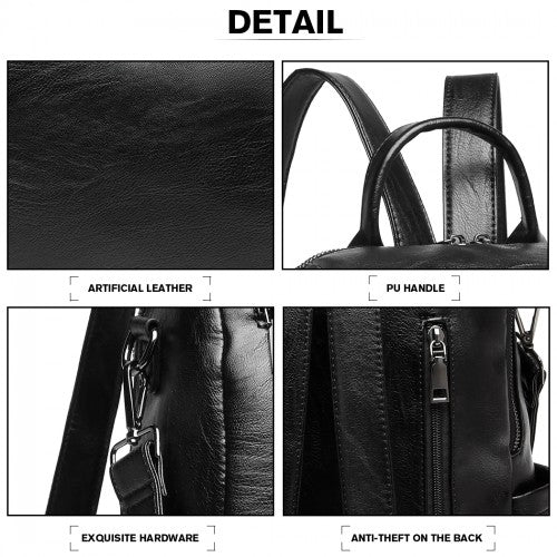 Miss Lulu Large Leather Look Backpack - Black