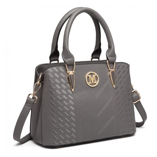 Miss Lulu Leather Look Weave Effect Shoulder Bag - Grey