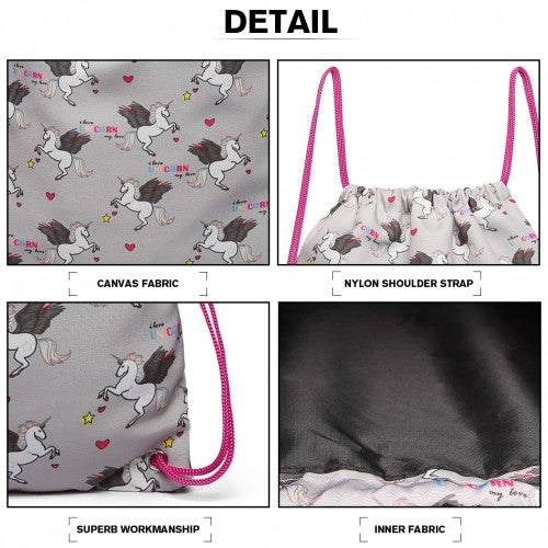 Miss Lulu Unicorn Print Drawstring Backpack - Grey