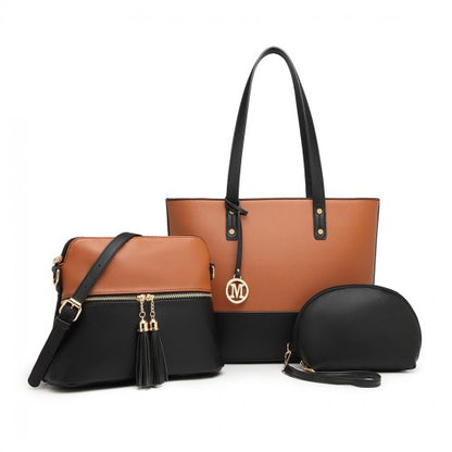 Miss Lulu 3 Piece Leather Look Tote Bag Set - Black And Brown