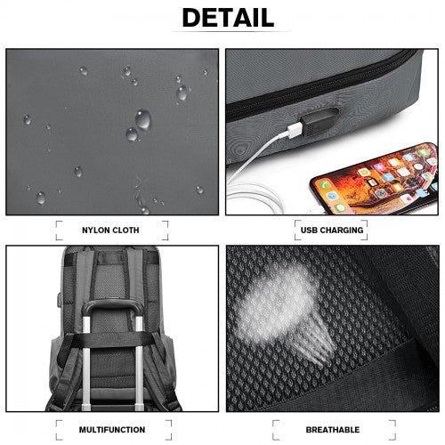 Kono Water Resistant Travel Backpack With USB Charging Port - Grey