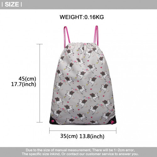 Miss Lulu Unicorn Print Drawstring Backpack - Grey