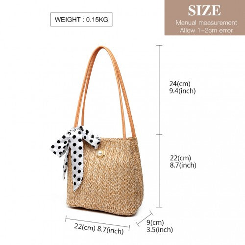 Miss Lulu Woven Straw Design Shoulder Bag With Polka Dot Scarf - Khaki