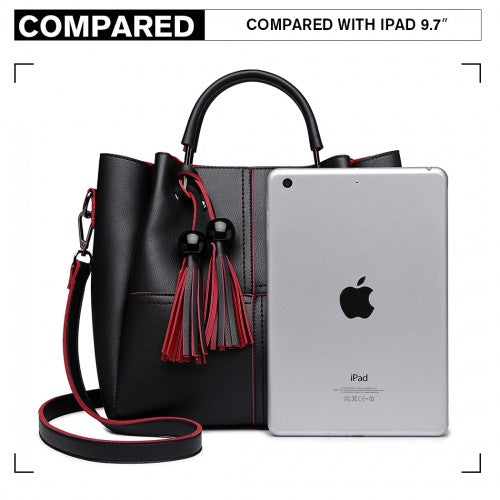 Miss Lulu Leather Look 2 In 1 Bucket Handbag - Black
