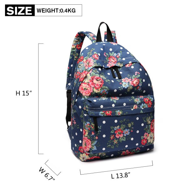 Miss Lulu Large Backpack Flower Polka Dot - Navy