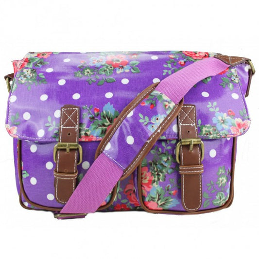 Miss Lulu Oil Cloth Satchel Flower Polka Dot Purple