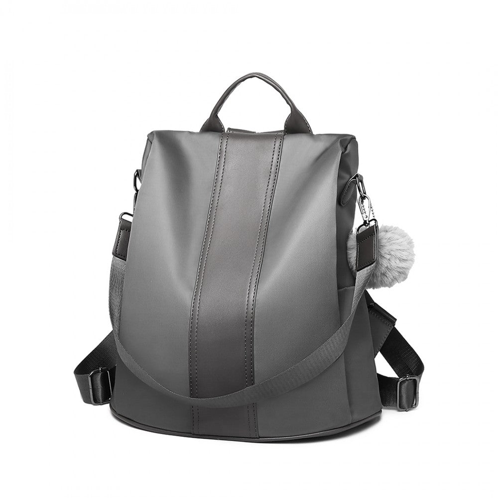 Miss Lulu Two Way Backpack Shoulder Bag With Pom Pom Pendant - Grey
