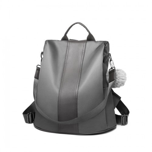 Miss Lulu Two Way Backpack Shoulder Bag With Pom Pom Pendant - Grey