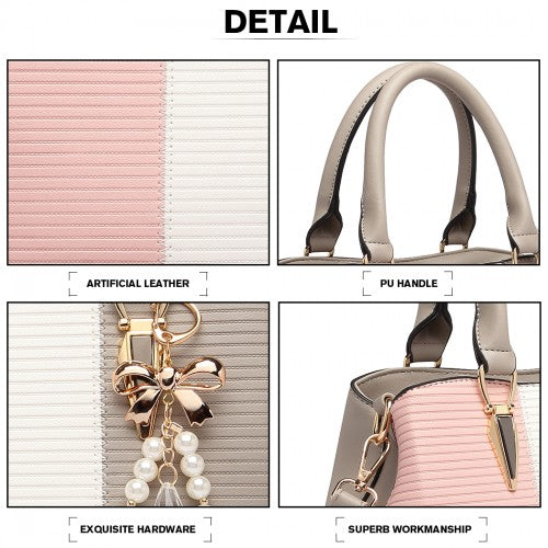 Miss Lulu Leather Look Colour Block Bow Pendant Handbag - Grey