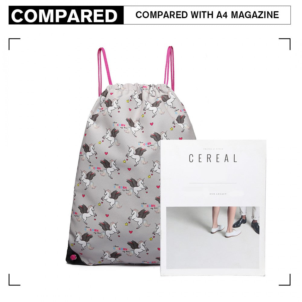 Miss Lulu Unicorn Print Drawstring Backpack - Grey