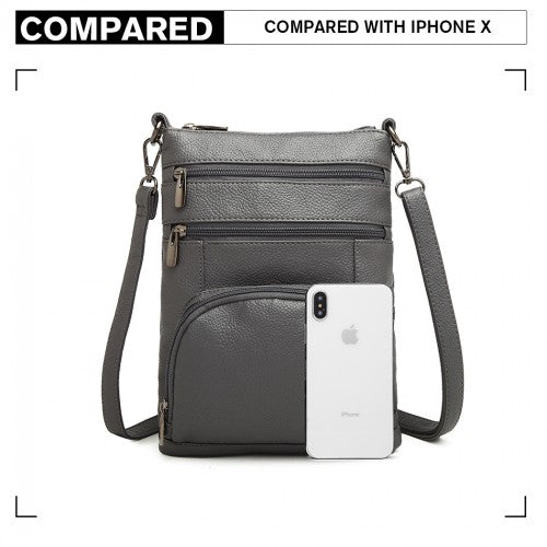 Miss Lulu Multi Pocket Leather Look RFID-Blocking Cross Body Bag - Grey
