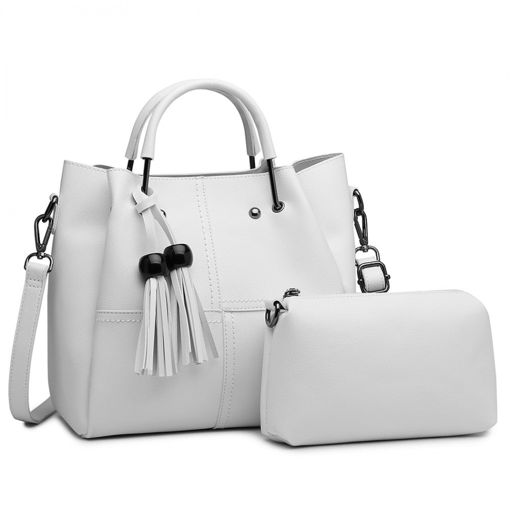 Miss Lulu Leather Look 2 In 1 Bucket Handbag - Beige
