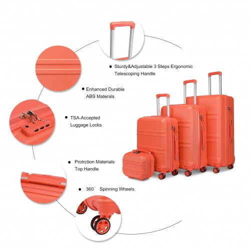Kono Abs Sculpted Horizontal Design 4 Pcs Suitcase Set With Vanity Case - Coral