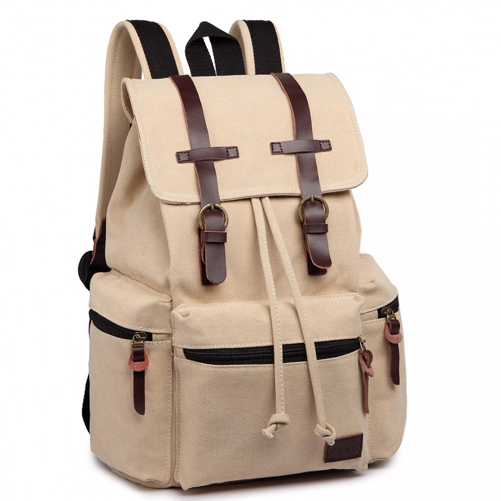 Kono Large Multi Function Leather Details Canvas Backpack Biege