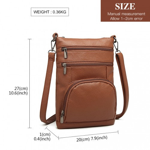 Miss Lulu Multi Pocket Leather Look RFID-Blocking Cross Body Bag - Brown