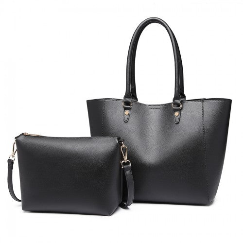Miss Lulu Textured Leather Look 2 Piece Tote And Shoulder Bag Set - Black