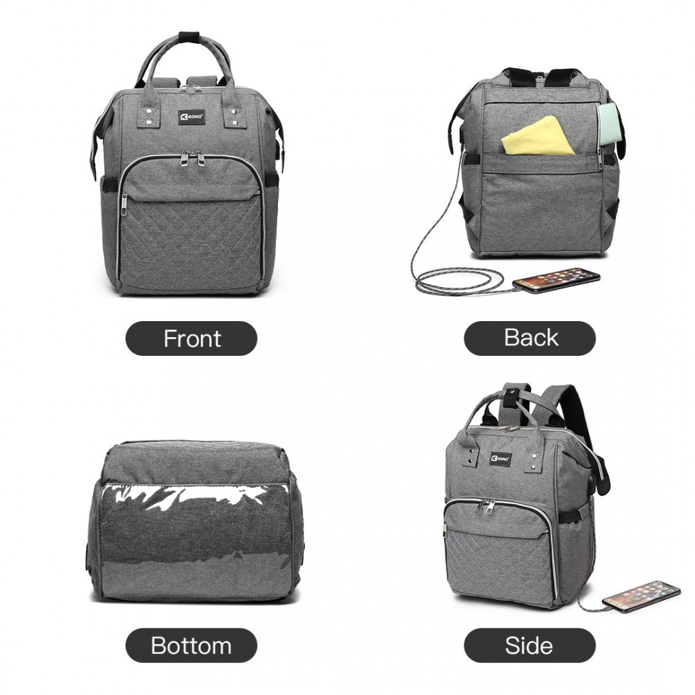 Kono Plain Wide Opening Baby Nappy Changing Backpack With USB Connectivity - Grey