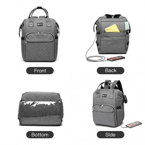 Kono Plain Wide Opening Baby Nappy Changing Backpack With USB Connectivity - Grey