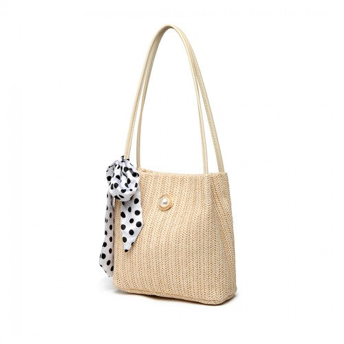 Miss Lulu Woven Straw Design Shoulder Bag With Polka Dot Scarf - Beige