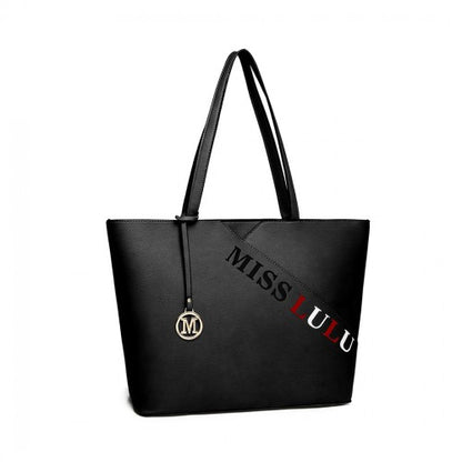 Miss Lulu Leather Look Embroidered Tote Bag - Black
